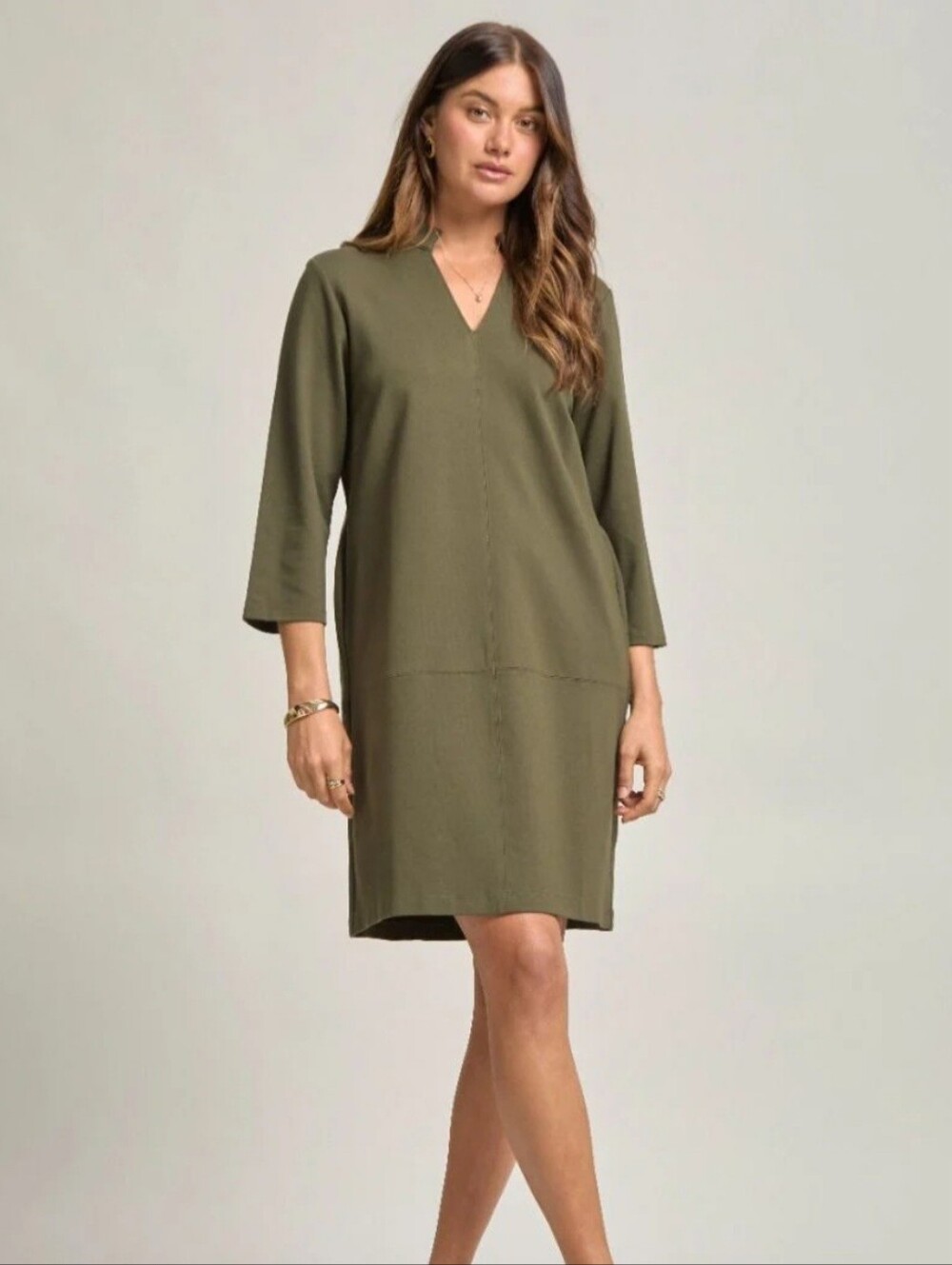V-Neck Olive Shift Dress with Three-Quarter Sleeves